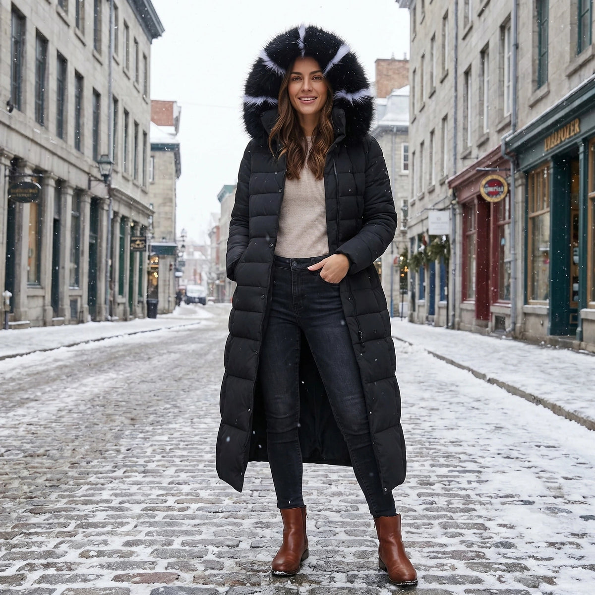 Women's Long Puffer Coat with Quilted Design and Faux Fur Hood - Image 5