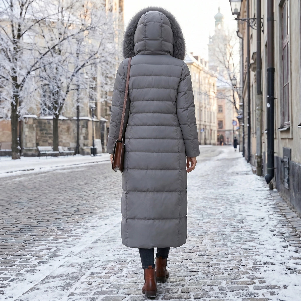 Women's Long Puffer Coat with Quilted Design and Faux Fur Hood - Image 7