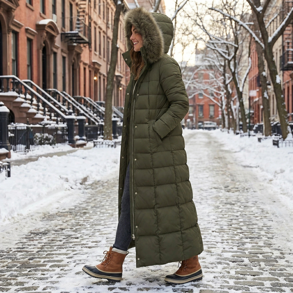 Women's Long Puffer Coat with Quilted Design and Faux Fur Hood - Image 8