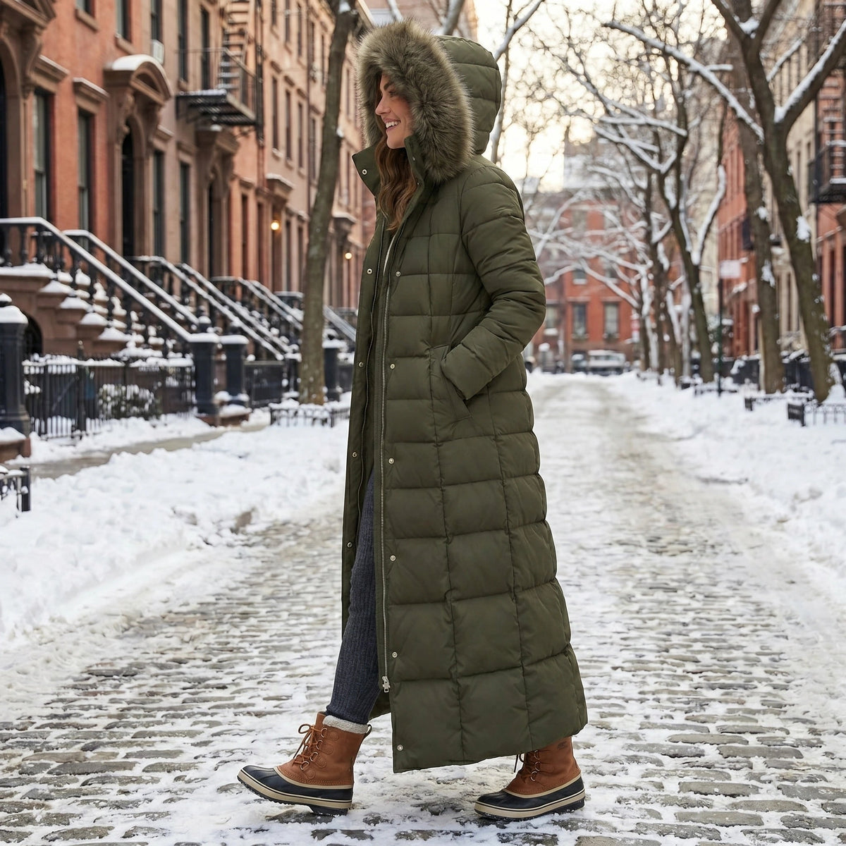Women's Long Puffer Coat with Quilted Design and Faux Fur Hood - Image 8