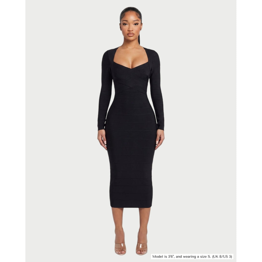 Women's Long Sleeve Bandage Midi Dress with Sweetheart Neck and Back Zipper - Image 1