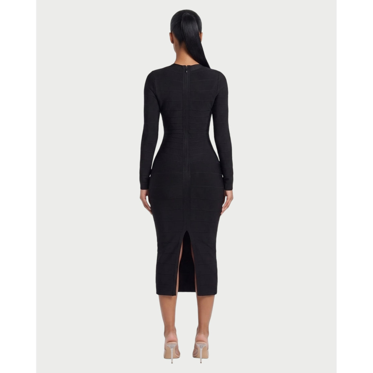 Women's Long Sleeve Bandage Midi Dress with Sweetheart Neck and Back Zipper - Image 2