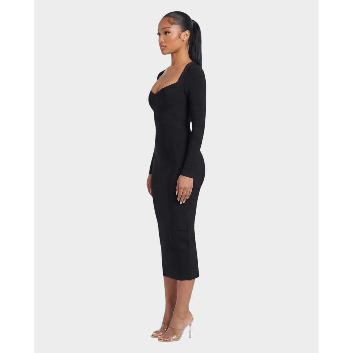 Women's Long Sleeve Bandage Midi Dress with Sweetheart Neck and Back Zipper - Image 3
