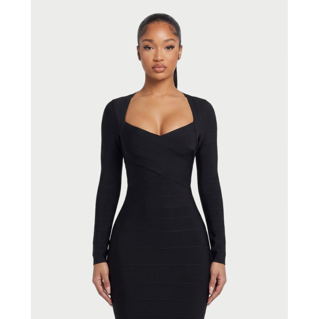 Women's Long Sleeve Bandage Midi Dress with Sweetheart Neck and Back Zipper - Image 4