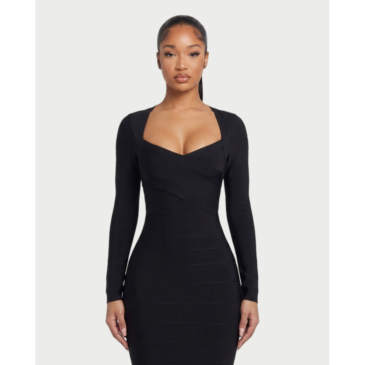 Women's Long Sleeve Bandage Midi Dress with Sweetheart Neck and Back Zipper - Image 4