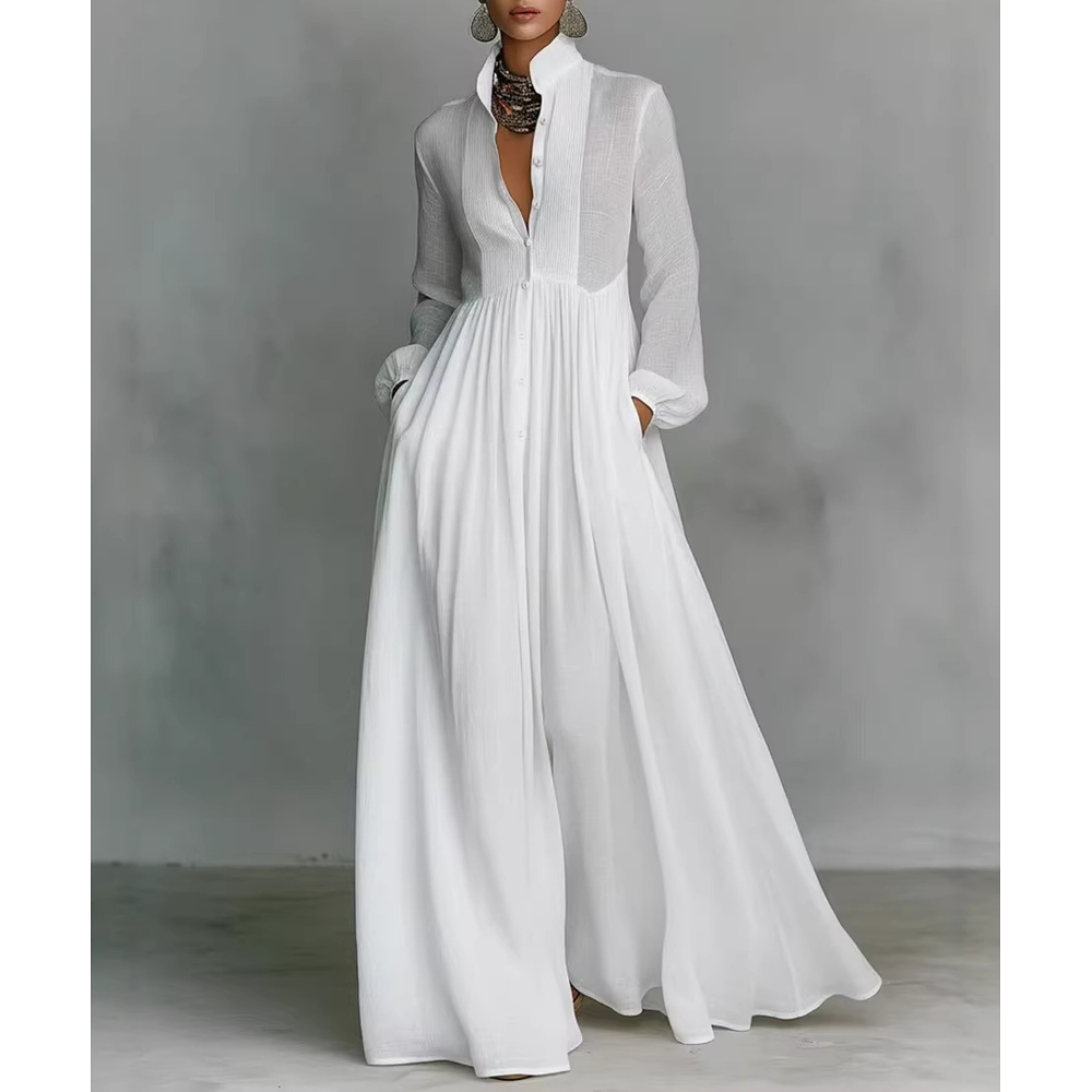 Women's Long Sleeve Pleated Graduation Maxi Dress with V-Neckline and Button Front - Image 1