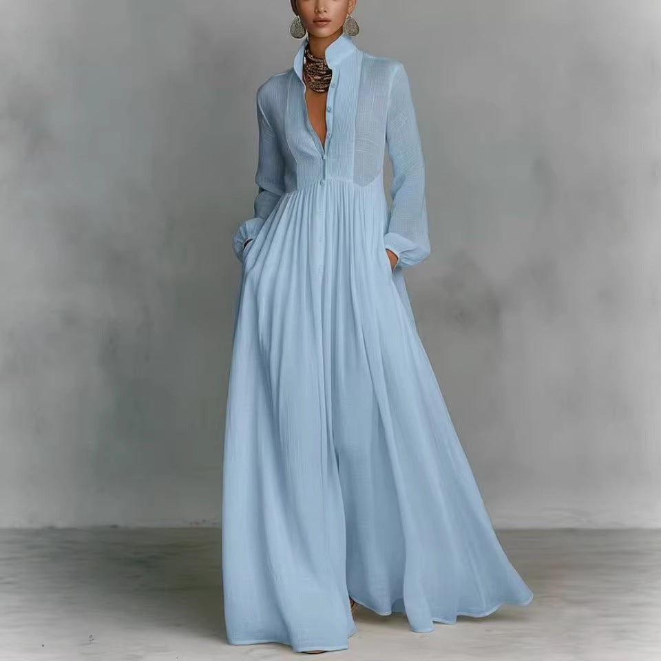 Women's Long Sleeve Pleated Graduation Maxi Dress with V-Neckline and Button Front - Image 2