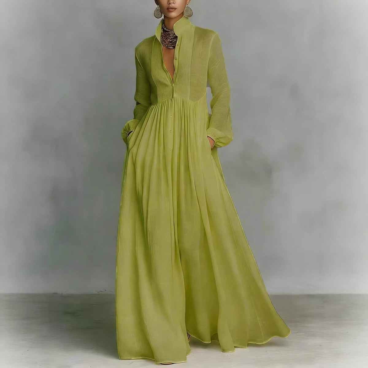 Women's Long Sleeve Pleated Graduation Maxi Dress with V-Neckline and Button Front - Image 3