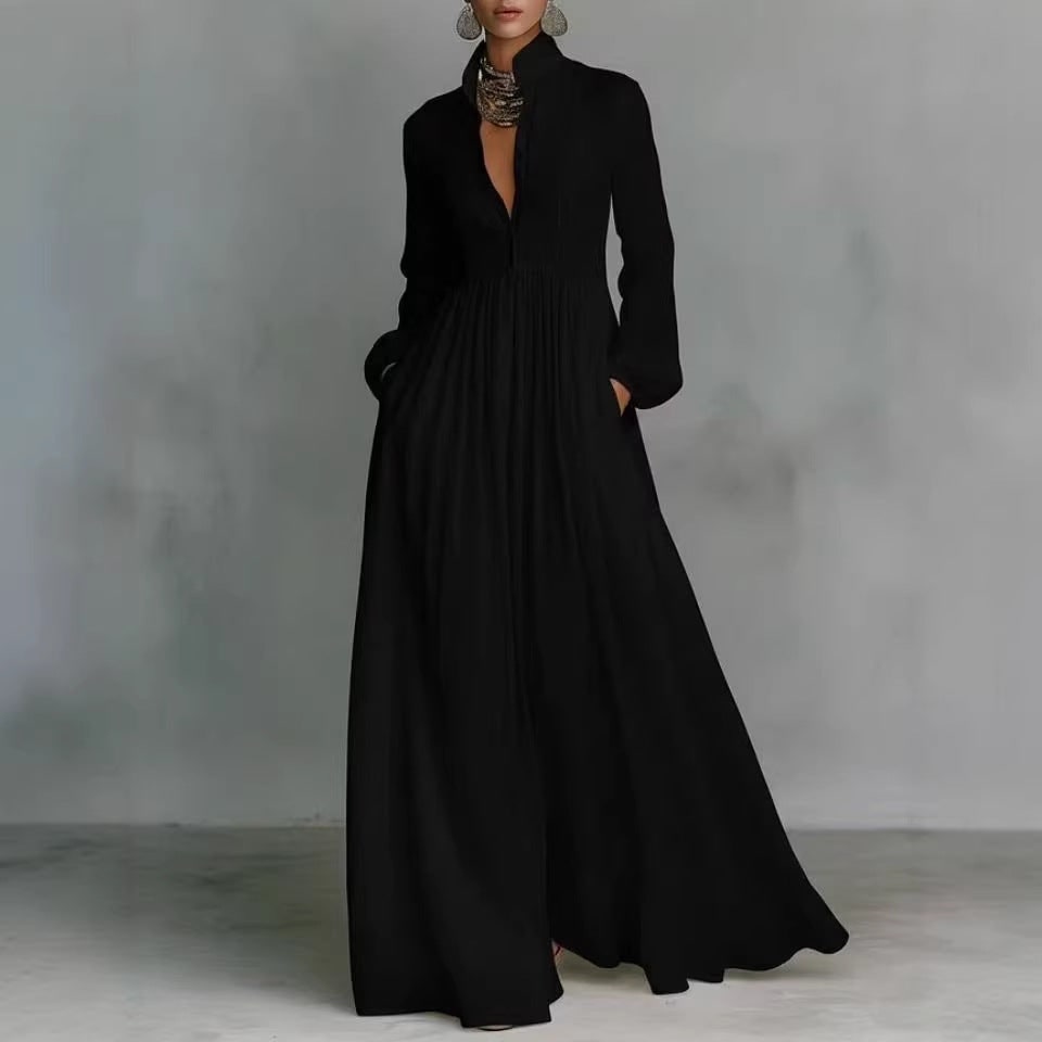 Women's Long Sleeve Pleated Graduation Maxi Dress with V-Neckline and Button Front - Image 4