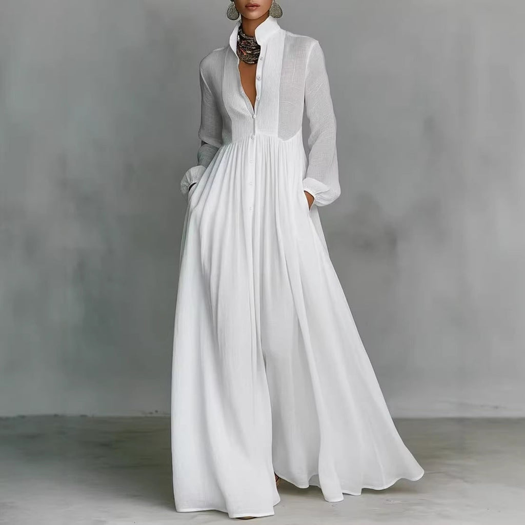 Women's Long Sleeve Pleated Graduation Maxi Dress with V-Neckline and Button Front - Image 5