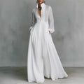 Women's Long Sleeve Pleated Graduation Maxi Dress with V-Neckline and Button Front - Image 5