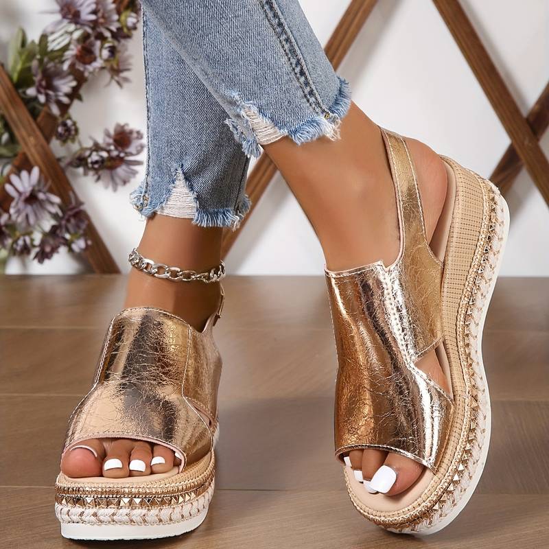 Women's Metallic Cutout Peep Toe Wedge Platform Sandals — back view