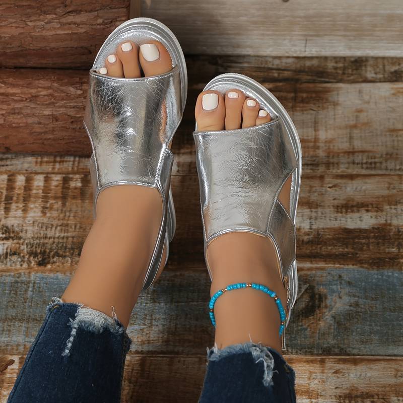 Women's Metallic Cutout Peep Toe Wedge Platform Sandals — model wearing