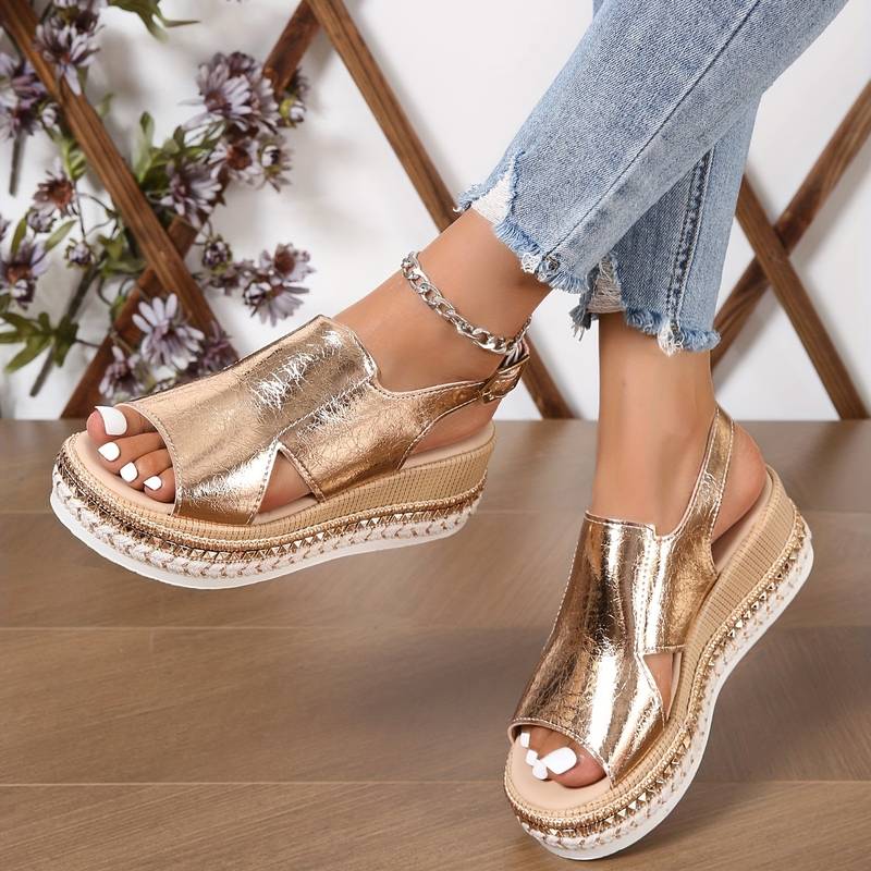 Women's Metallic Cutout Peep Toe Wedge Platform Sandals — side view