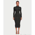 Women's Mock Neck Long Sleeve Ribbed Bodycon Midi Dress with Crisscross Waist - Image 1