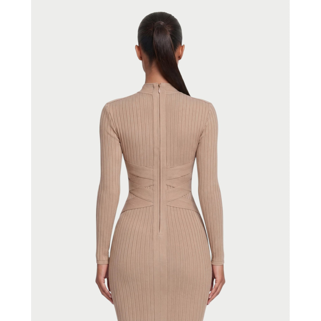 Women's Mock Neck Long Sleeve Ribbed Bodycon Midi Dress with Crisscross Waist - Image 10