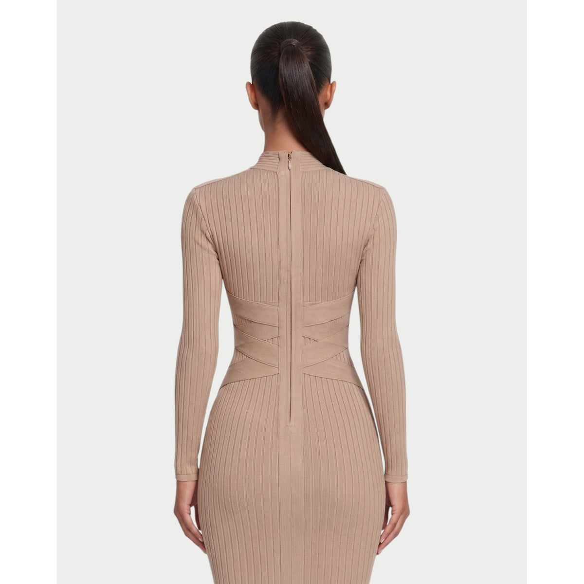 Women's Mock Neck Long Sleeve Ribbed Bodycon Midi Dress with Crisscross Waist - Image 10
