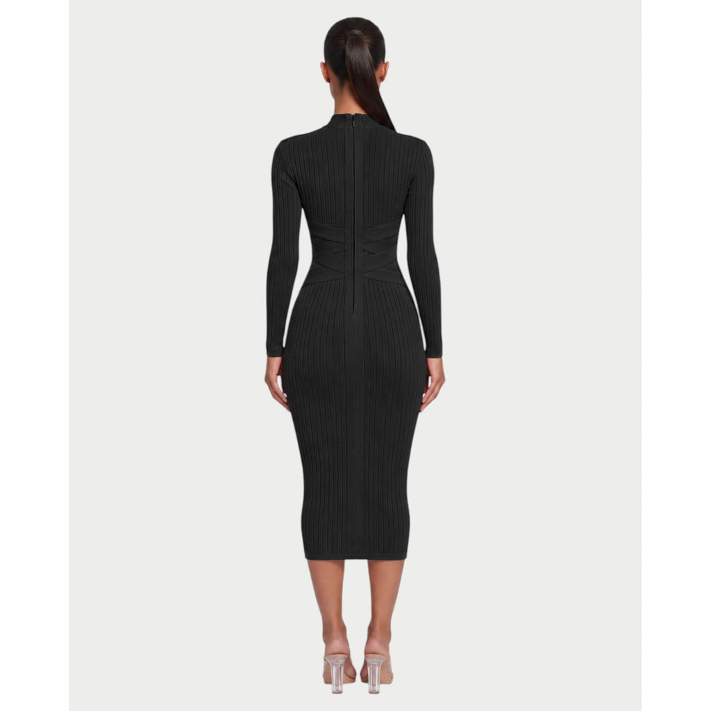 Women's Mock Neck Long Sleeve Ribbed Bodycon Midi Dress with Crisscross Waist - Image 2