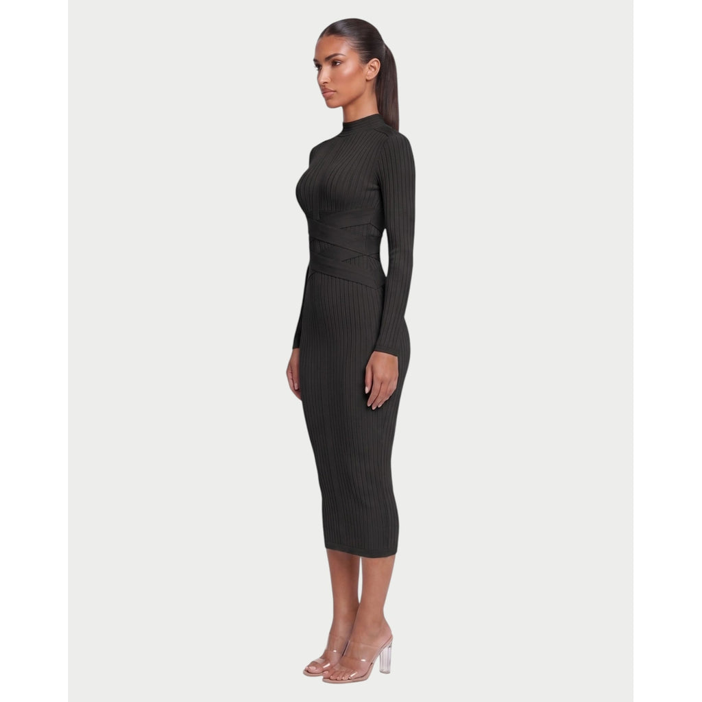 Women's Mock Neck Long Sleeve Ribbed Bodycon Midi Dress with Crisscross Waist - Image 3