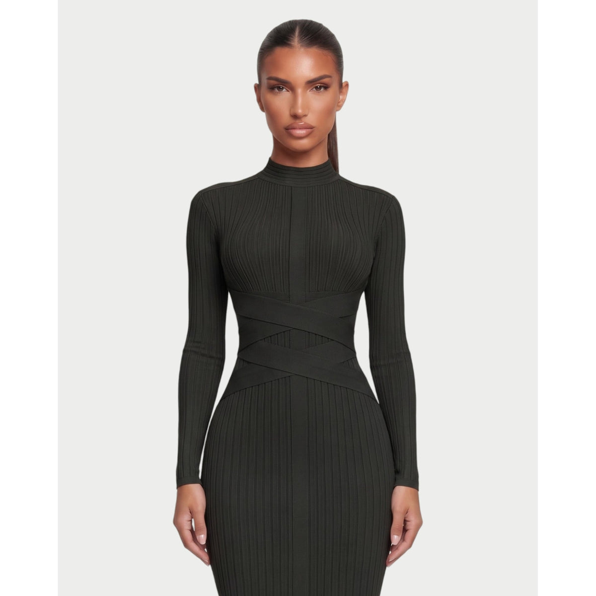 Women's Mock Neck Long Sleeve Ribbed Bodycon Midi Dress with Crisscross Waist - Image 4