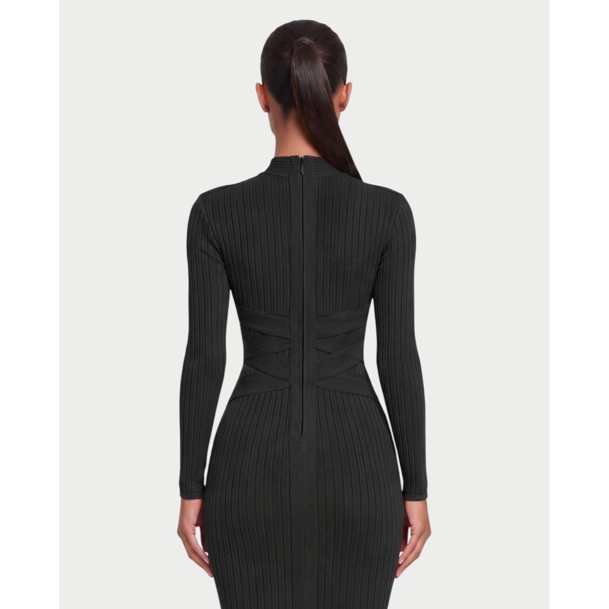 Women's Mock Neck Long Sleeve Ribbed Bodycon Midi Dress with Crisscross Waist - Image 5