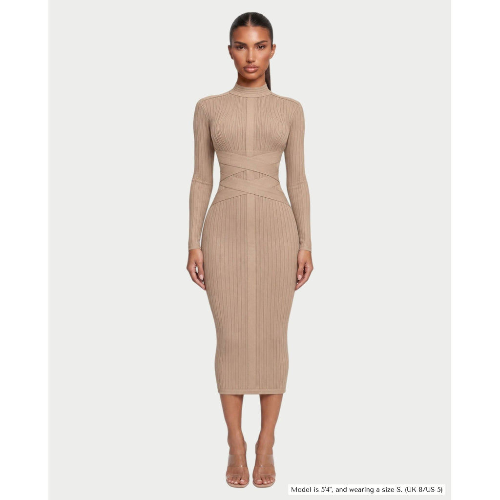 Women's Mock Neck Long Sleeve Ribbed Bodycon Midi Dress with Crisscross Waist - Image 6