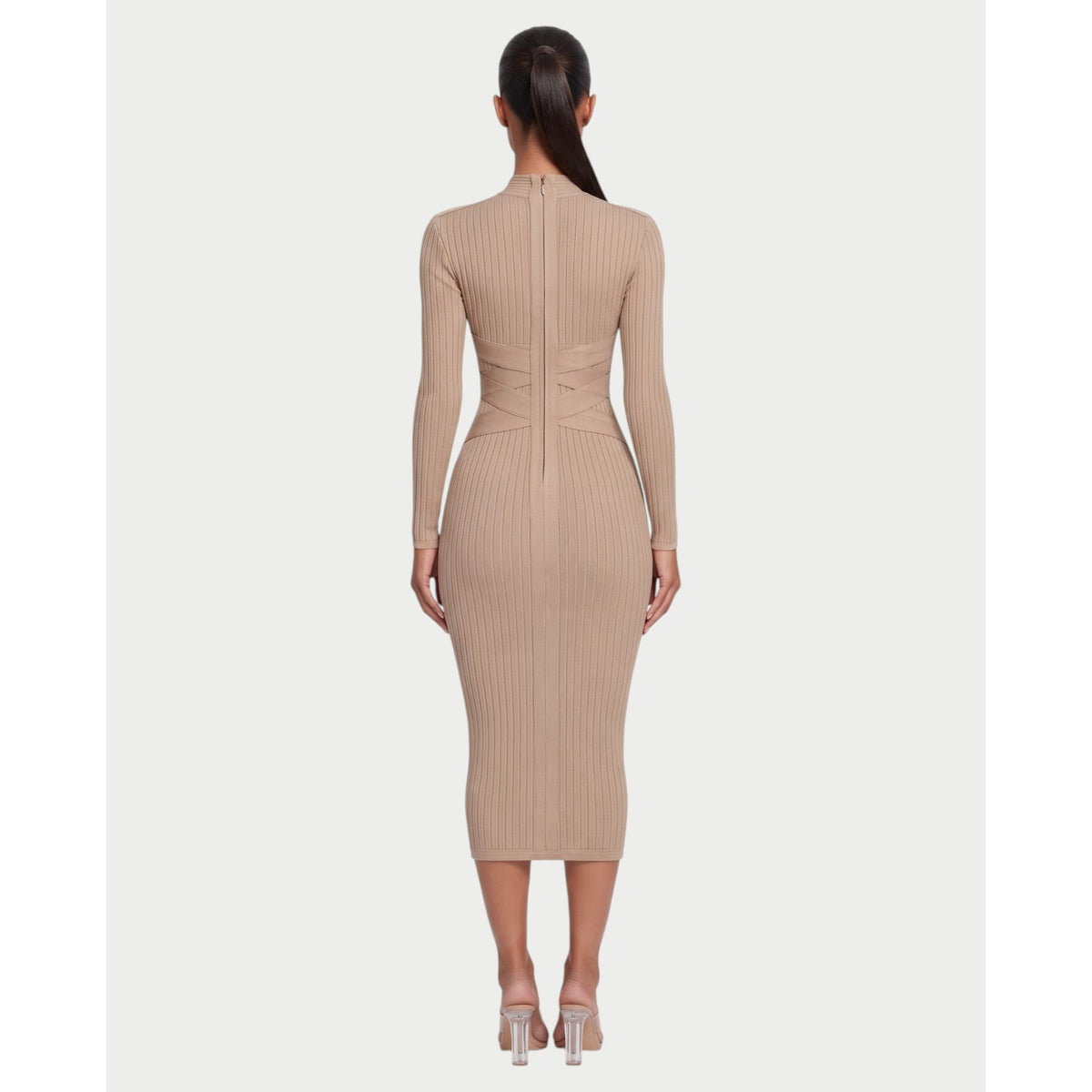 Women's Mock Neck Long Sleeve Ribbed Bodycon Midi Dress with Crisscross Waist - Image 7