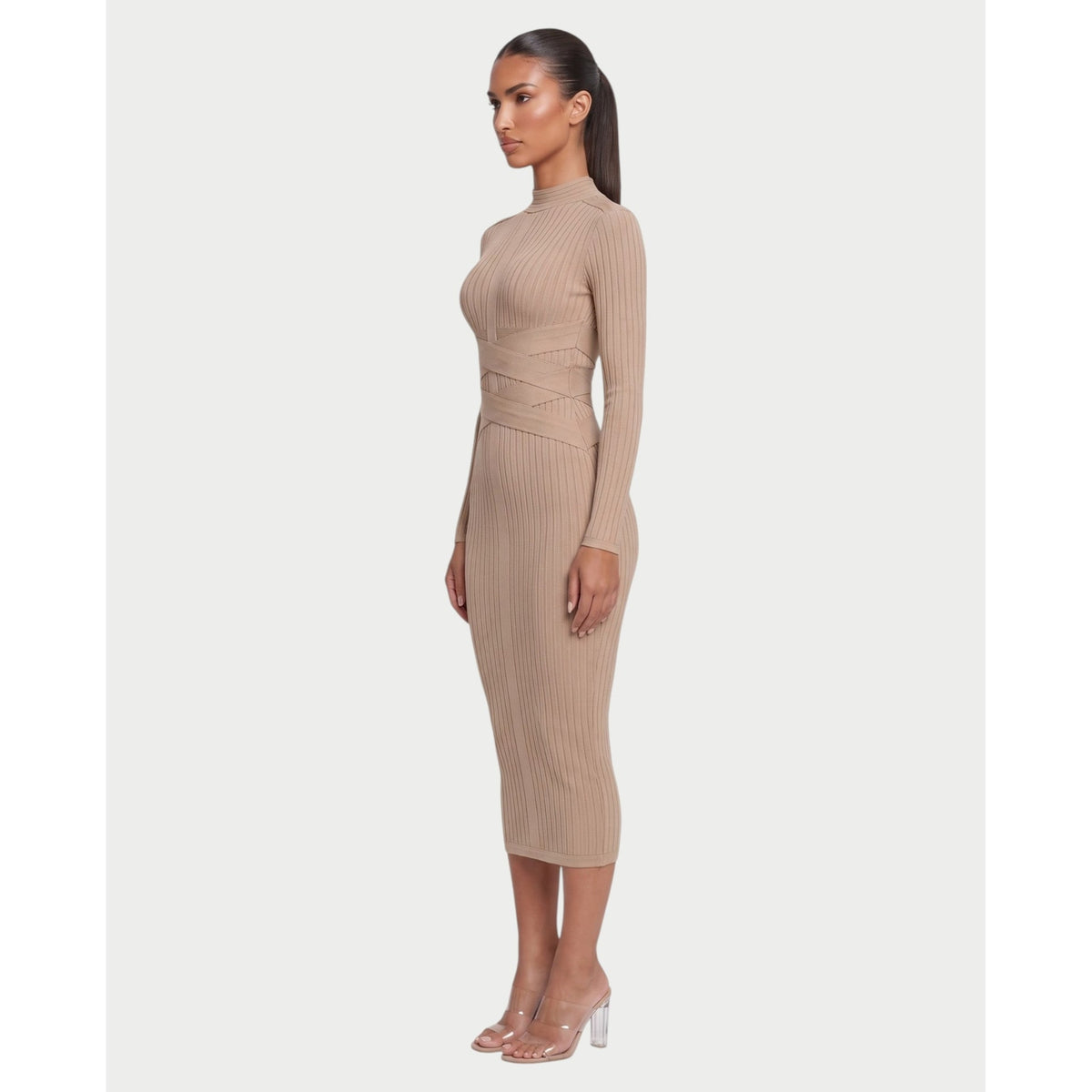 Women's Mock Neck Long Sleeve Ribbed Bodycon Midi Dress with Crisscross Waist - Image 8