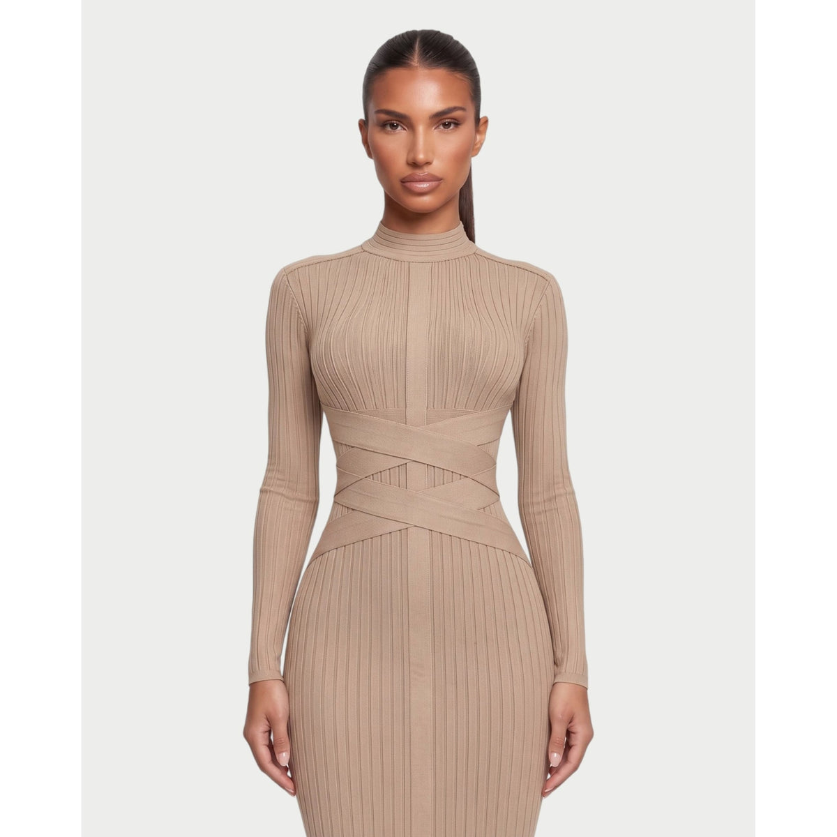Women's Mock Neck Long Sleeve Ribbed Bodycon Midi Dress with Crisscross Waist - Image 9