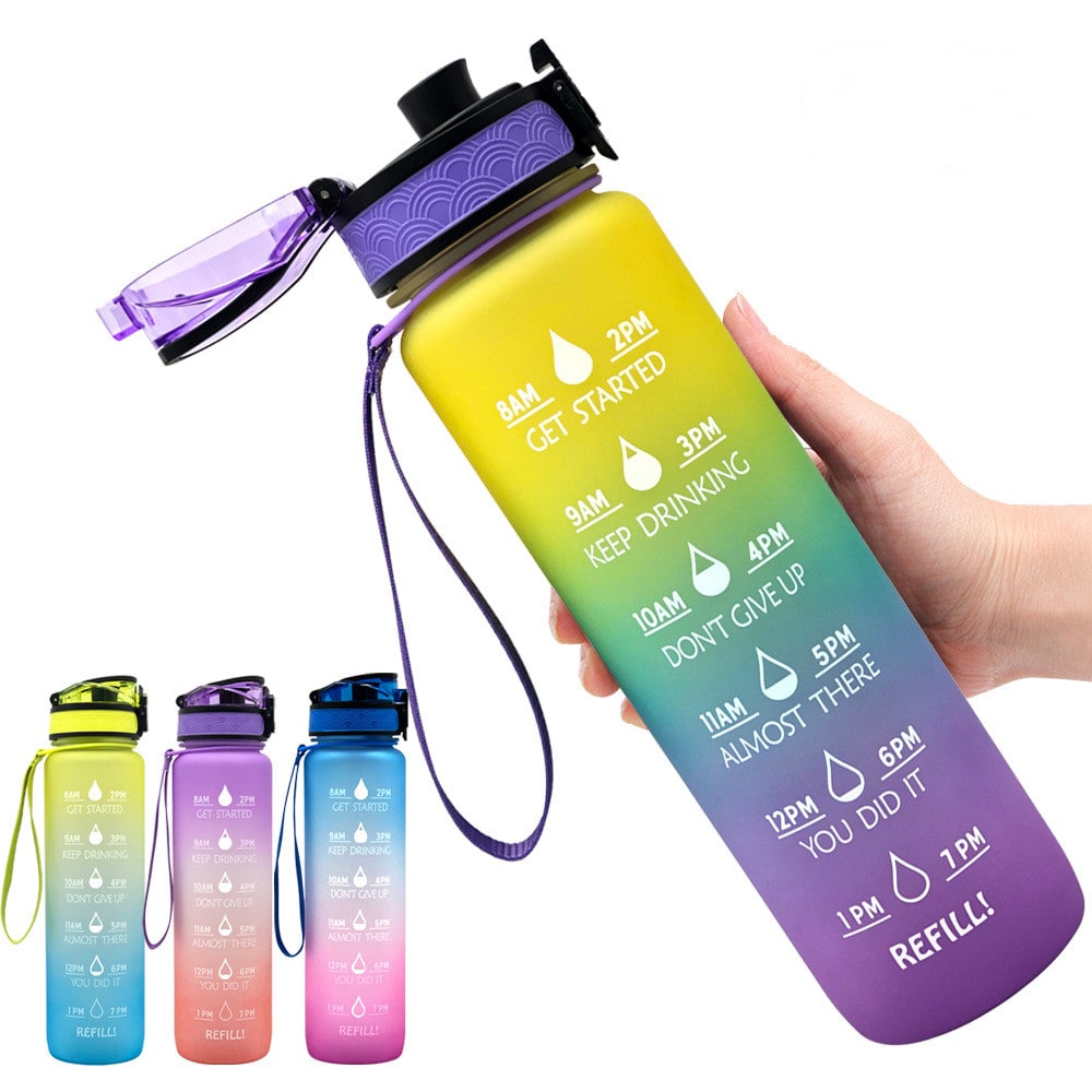 Women's Motivational Water Bottle with Time Markers Flip-Top Lid and 1l Capacity Glass - Image 28