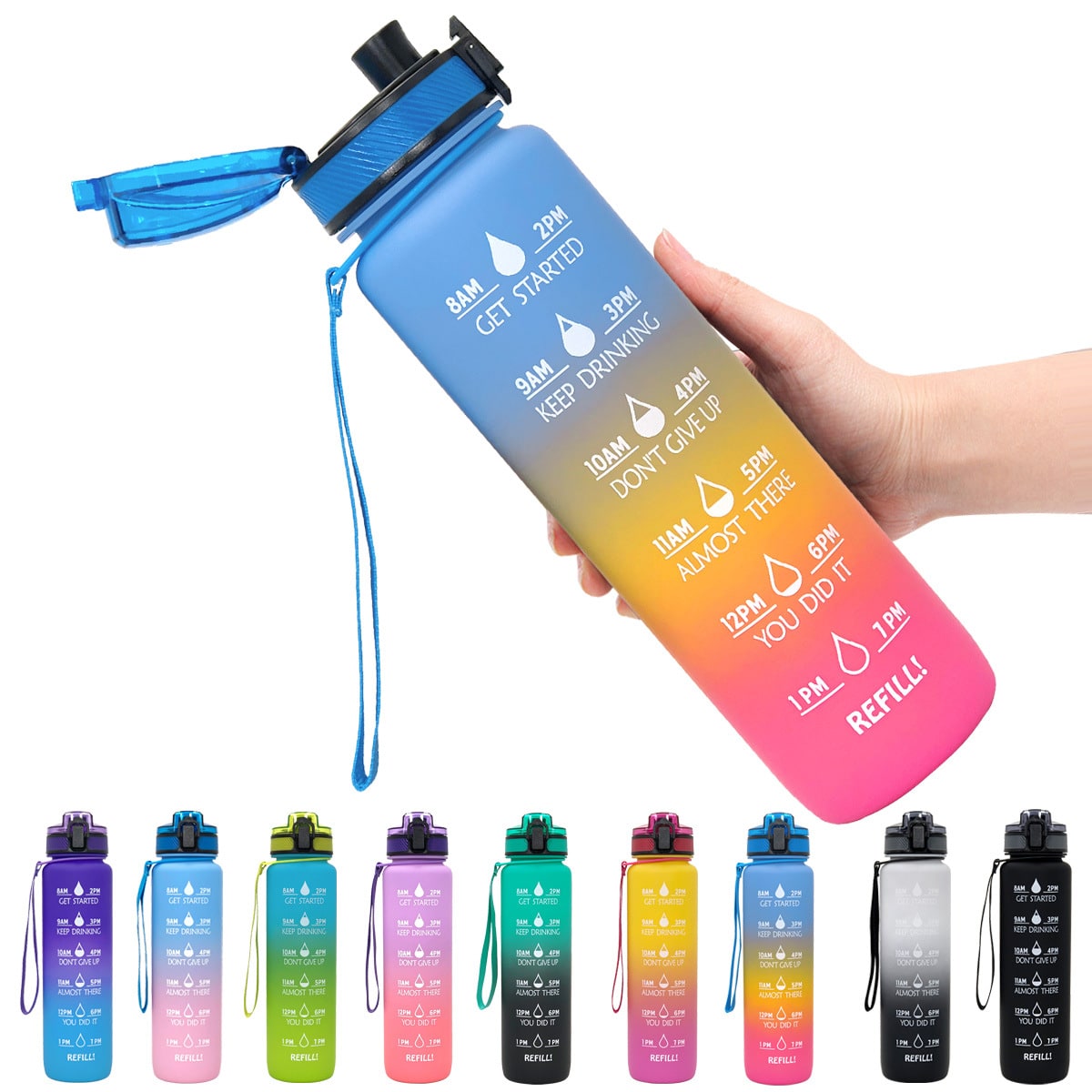 Women's Motivational Water Bottle with Time Markers Flip-Top Lid and 1l Capacity Glass - Image 38