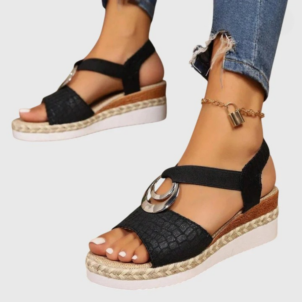 Women's Open-Toe Platform Espadrille Sandals with Ring Detail — fit overview