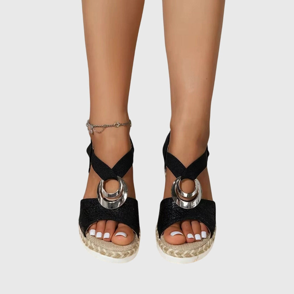 Women's Open-Toe Platform Espadrille Sandals with Ring Detail — model wearing