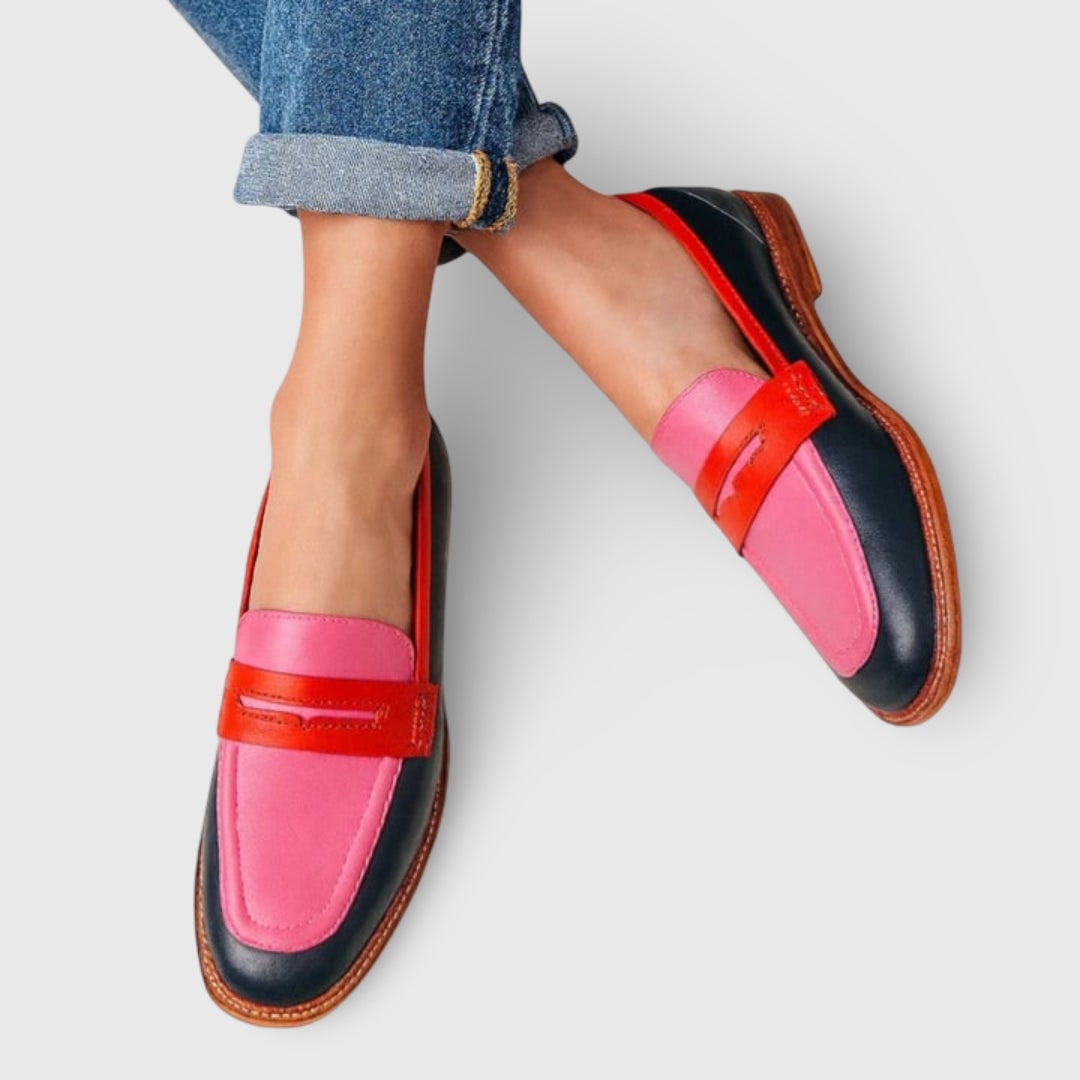 Womens Penny Loafers Slip-On Leather Colorblock Rounded Toe Shoes - Image 1