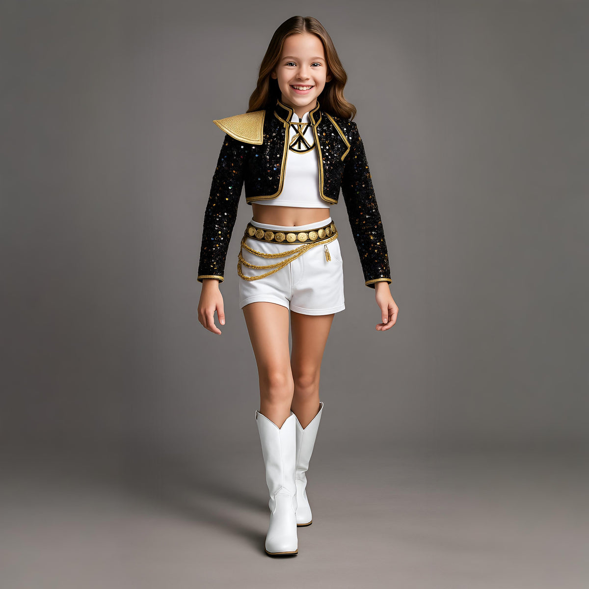 Women's Pop Star and Rock Costume with Sequined Jacket Gold Chains and Coin Belt - Image 1