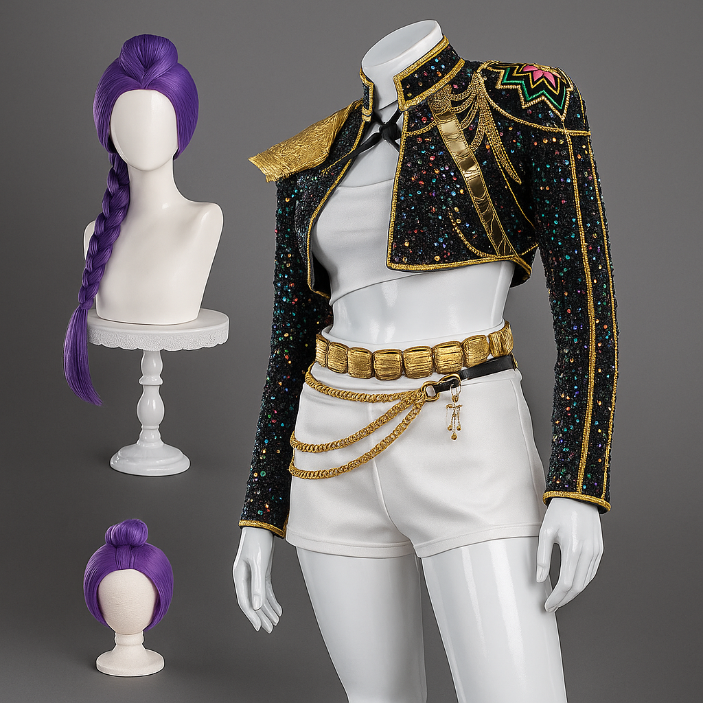 Women's Pop Star and Rock Costume with Sequined Jacket Gold Chains and Coin Belt - Image 10