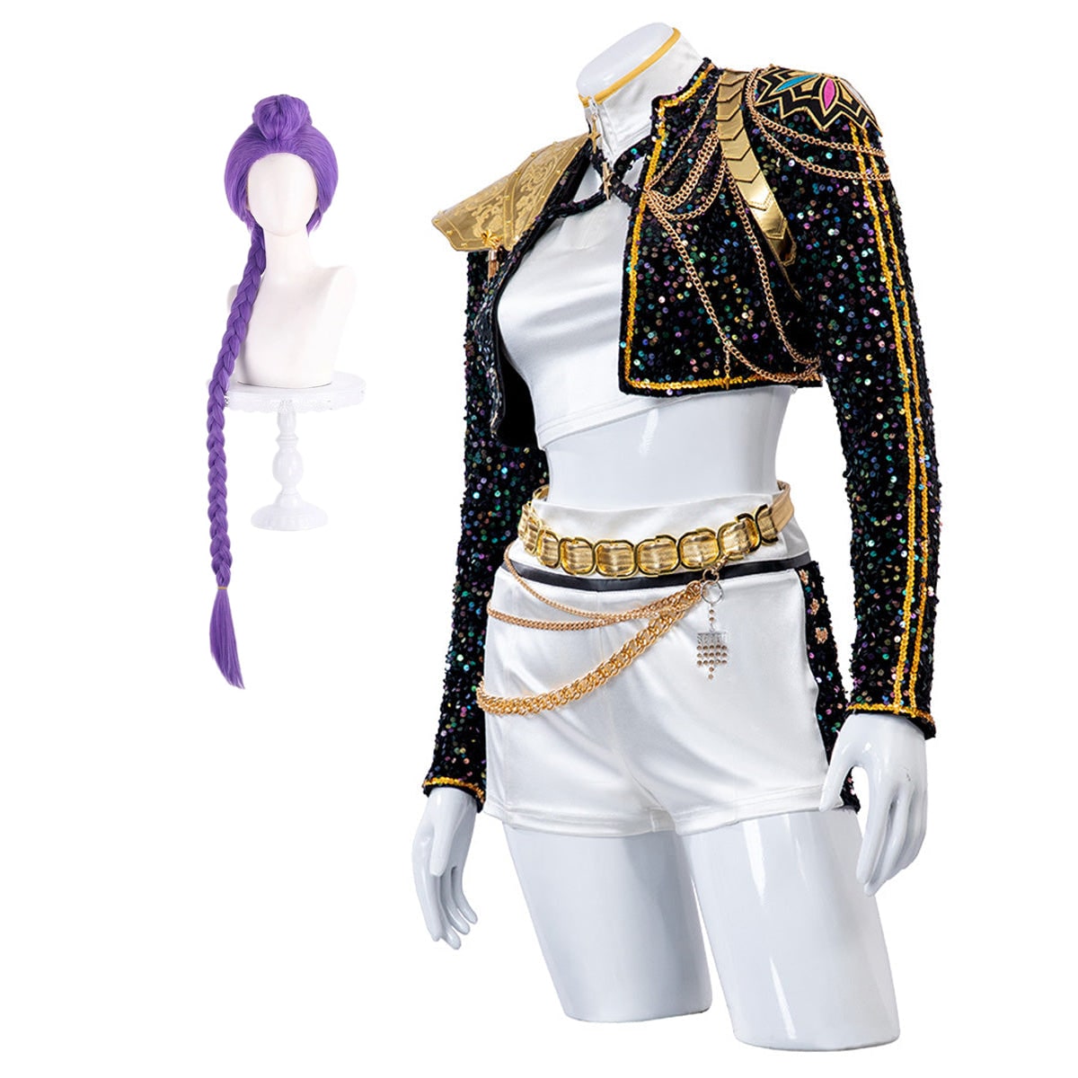 Women's Pop Star and Rock Costume with Sequined Jacket Gold Chains and Coin Belt - Image 13