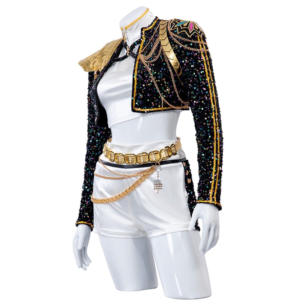 Women's Pop Star and Rock Costume with Sequined Jacket Gold Chains and Coin Belt - Image 14