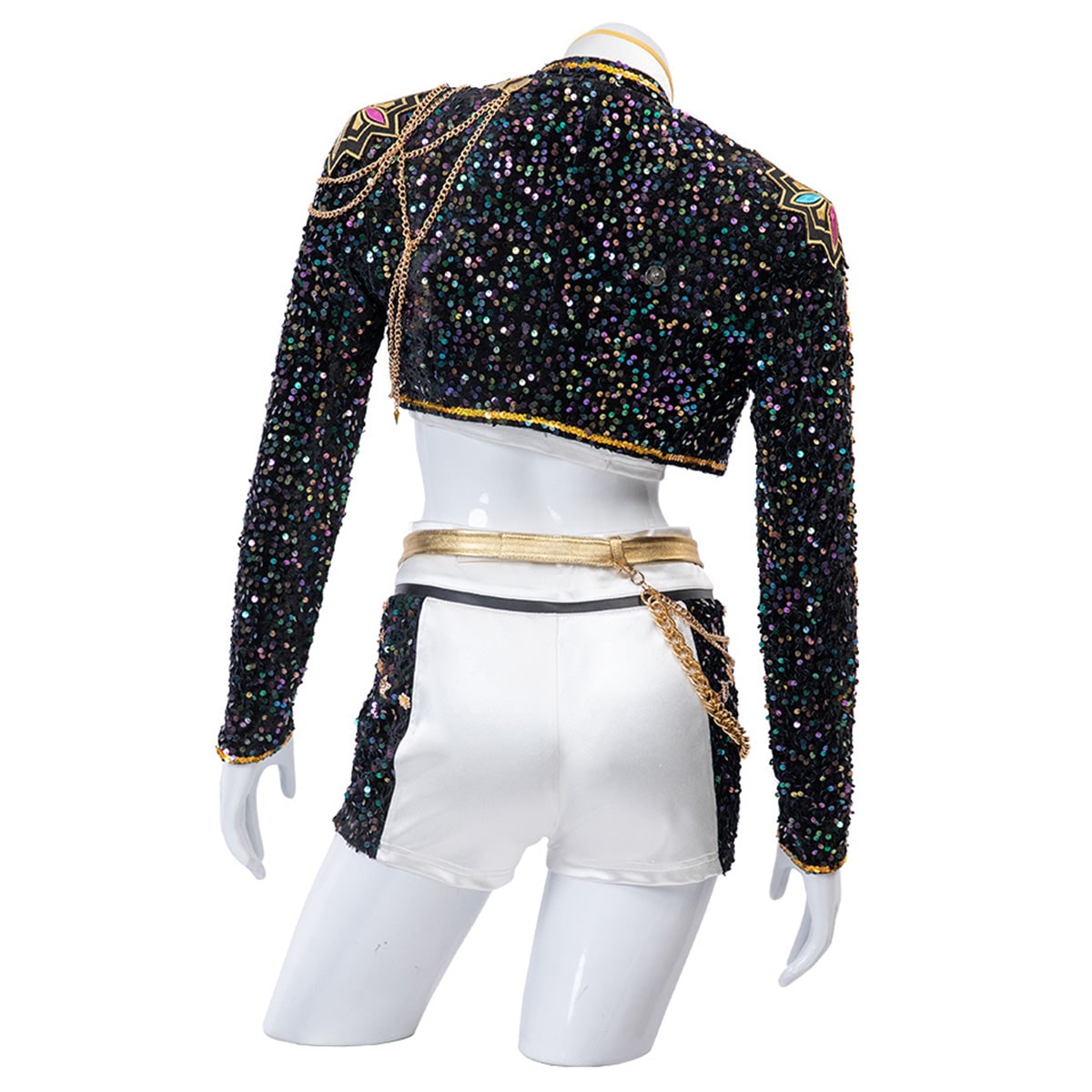 Women's Pop Star and Rock Costume with Sequined Jacket Gold Chains and Coin Belt - Image 15