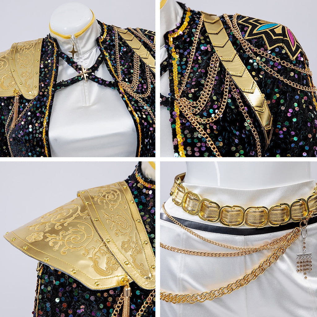 Women's Pop Star and Rock Costume with Sequined Jacket Gold Chains and Coin Belt - Image 16