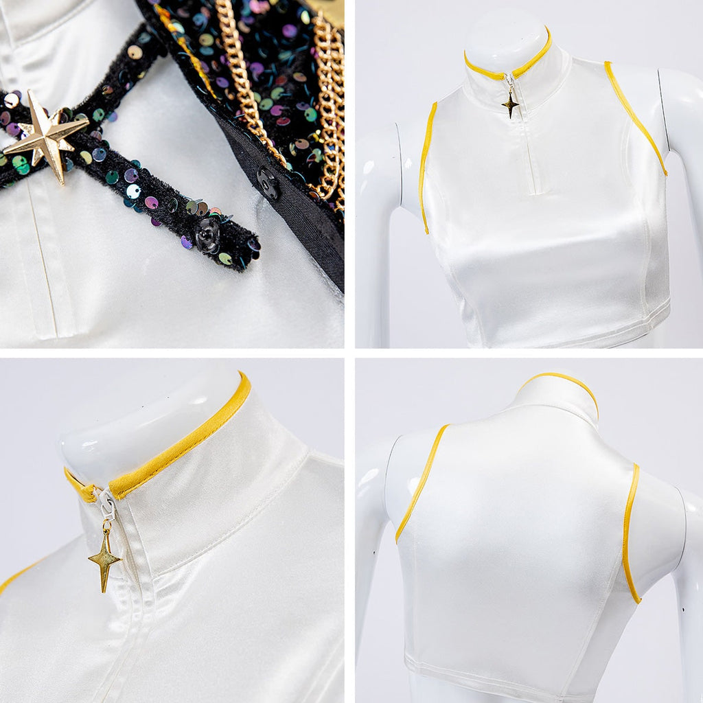 Women's Pop Star and Rock Costume with Sequined Jacket Gold Chains and Coin Belt - Image 19