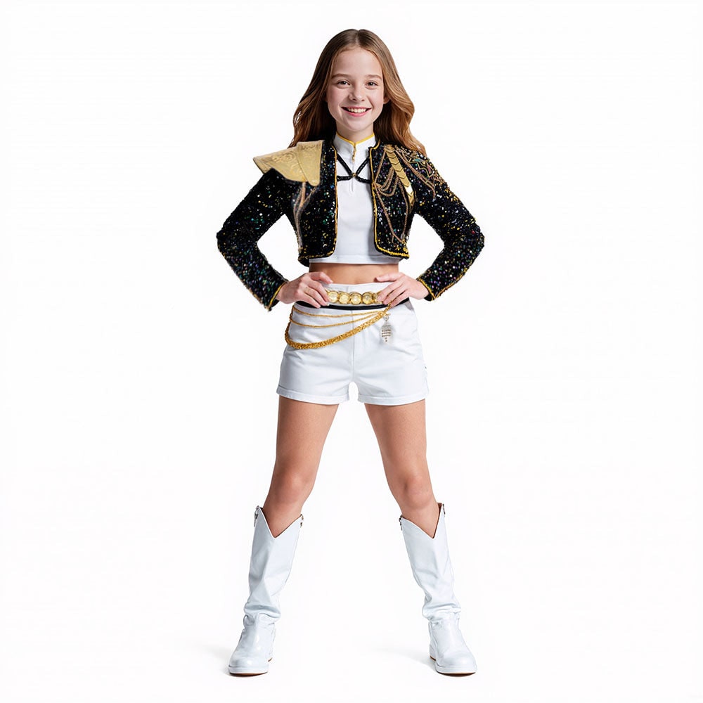 Women's Pop Star and Rock Costume with Sequined Jacket Gold Chains and Coin Belt - Image 2