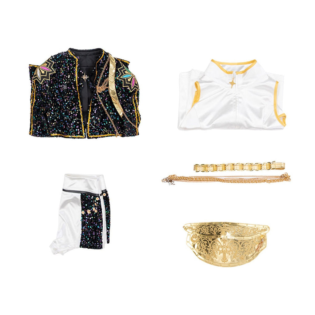 Women's Pop Star and Rock Costume with Sequined Jacket Gold Chains and Coin Belt - Image 20