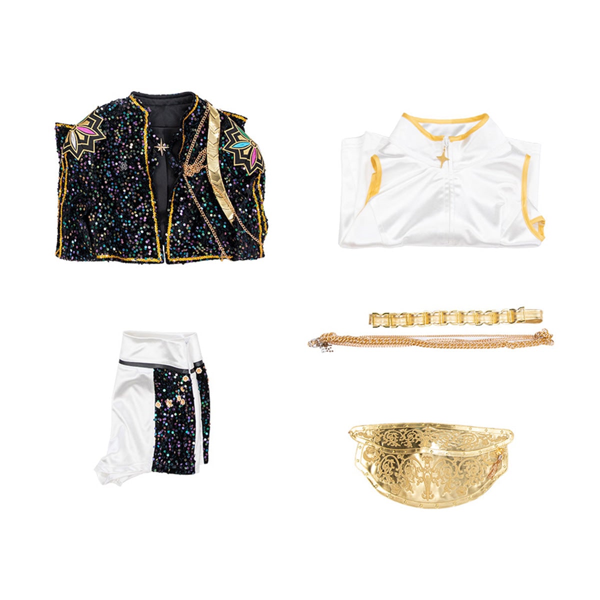 Women's Pop Star and Rock Costume with Sequined Jacket Gold Chains and Coin Belt - Image 20