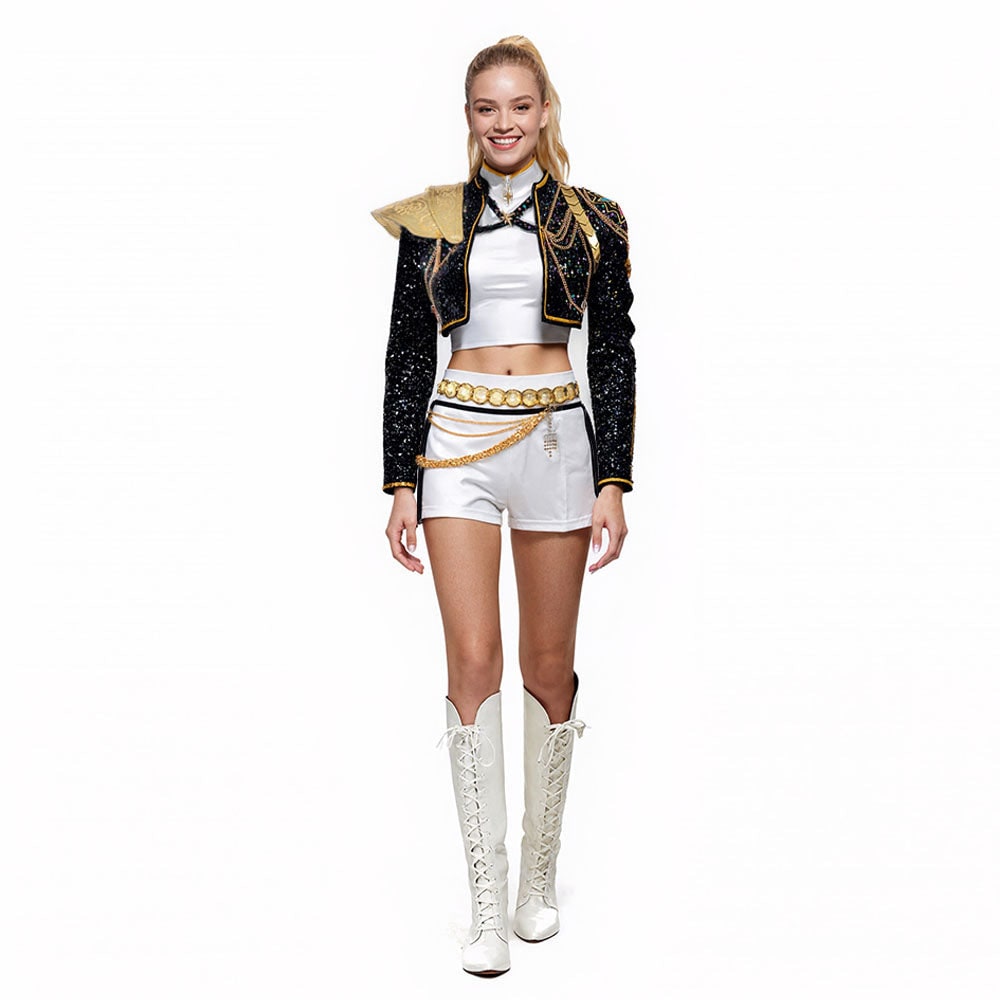 Women's Pop Star and Rock Costume with Sequined Jacket Gold Chains and Coin Belt - Image 5