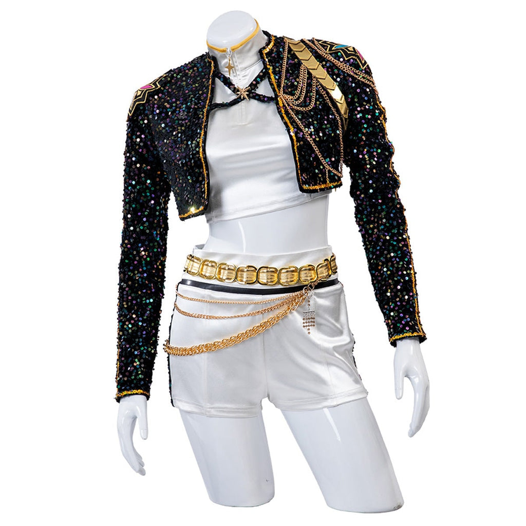 Women's Pop Star and Rock Costume with Sequined Jacket Gold Chains and Coin Belt - Image 6