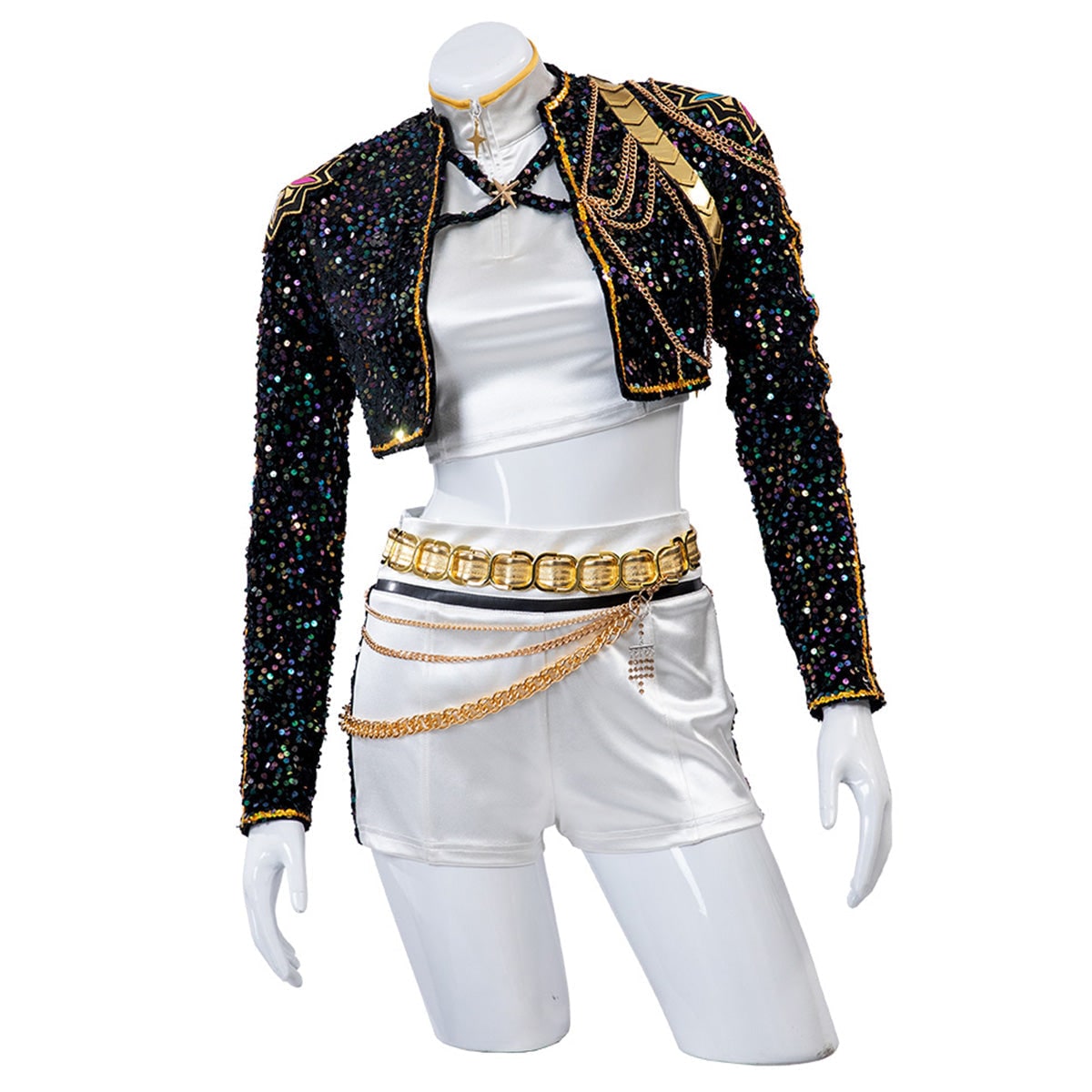 Women's Pop Star and Rock Costume with Sequined Jacket Gold Chains and Coin Belt - Image 6