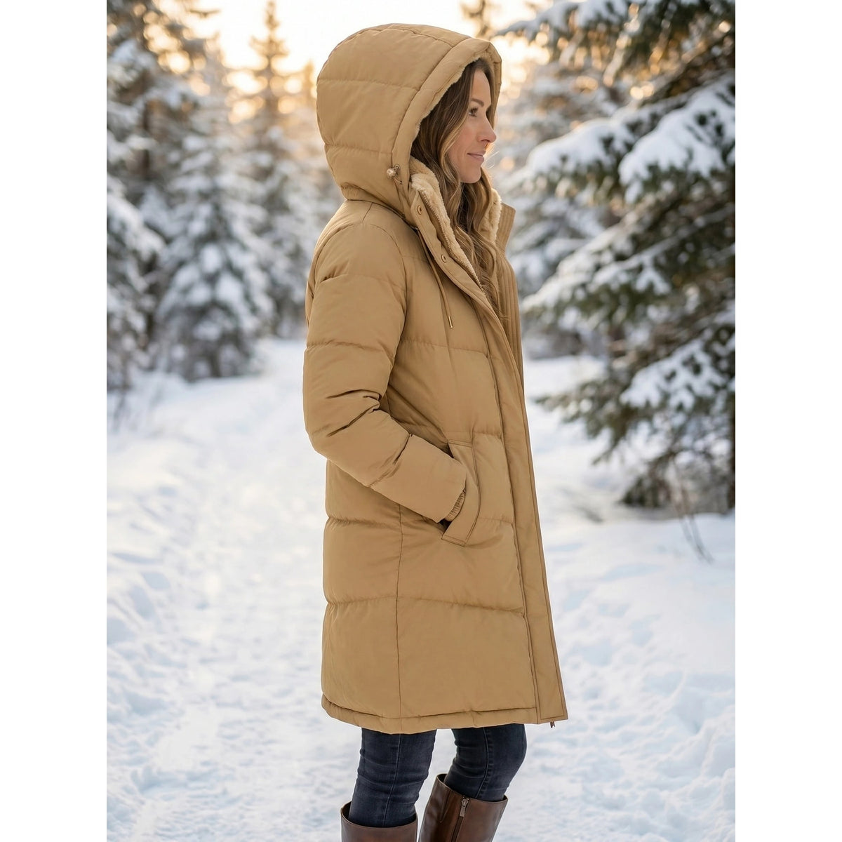 Women's Puffer Coat with Quilted Design Fleece-Lined Hood and Drawstring - Image 2