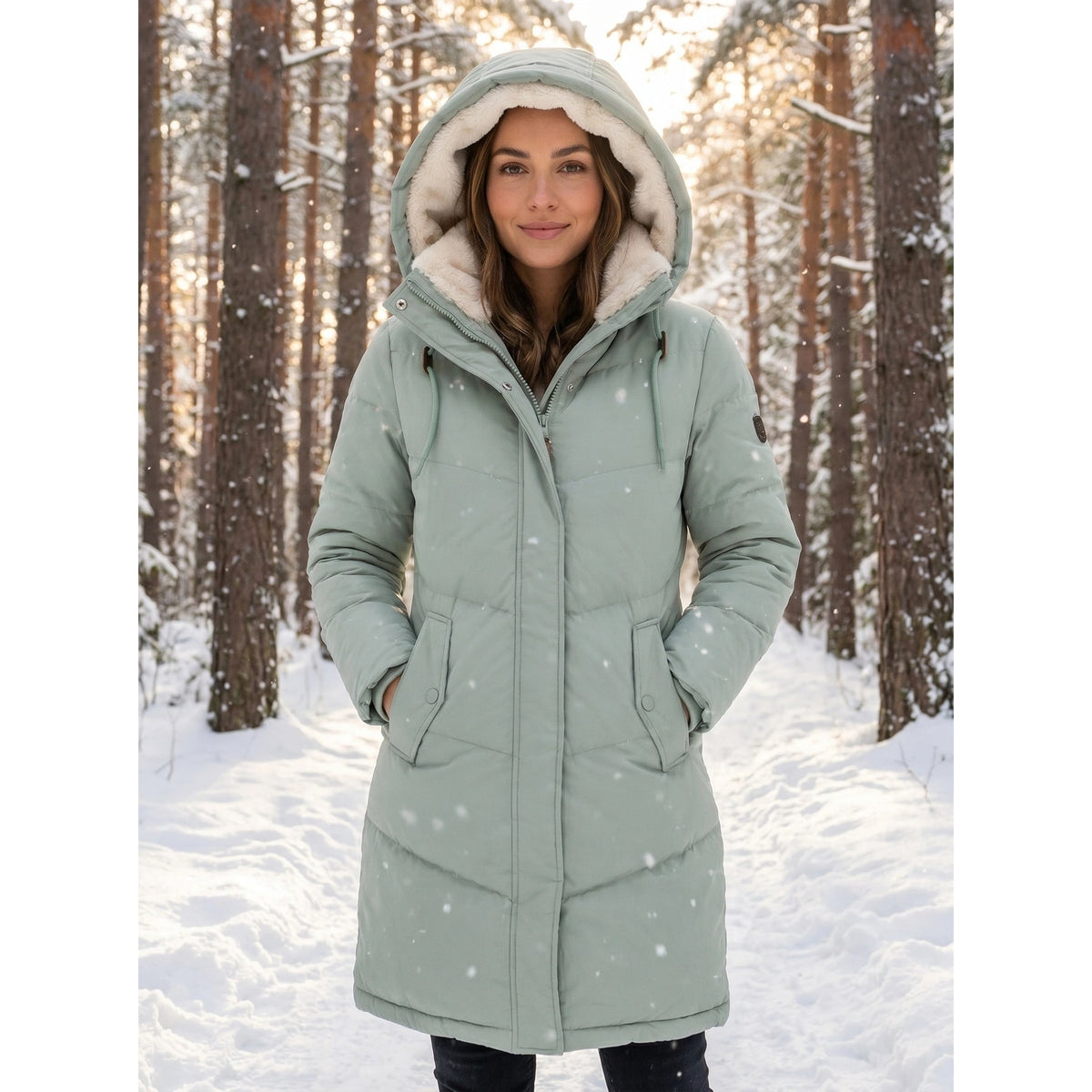 Women's Puffer Coat with Quilted Design Fleece-Lined Hood and Drawstring - Image 4