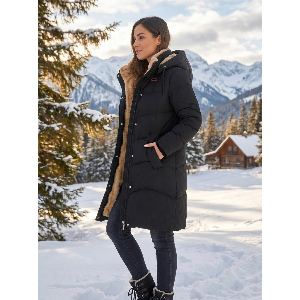 Women's Puffer Coat with Quilted Design Fleece-Lined Hood and Drawstring - Image 8